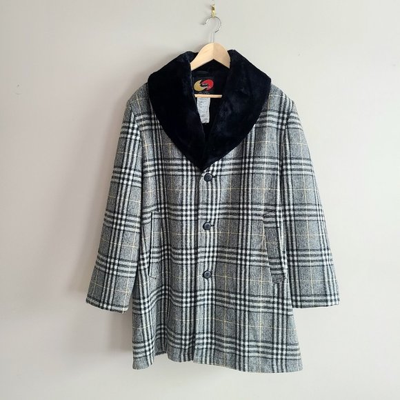 Vintage Con-Roy Casuals gray plaid wool man coat with black faux fur collar. - Picture 1 of 12